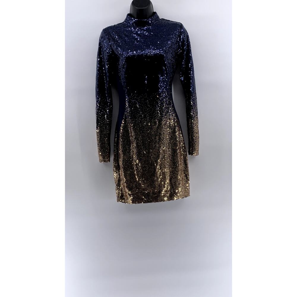 FASHION NOVA Women's Navy-Gold Ombre Sequin Dimmed With Smoke Mini Dress SZ S
